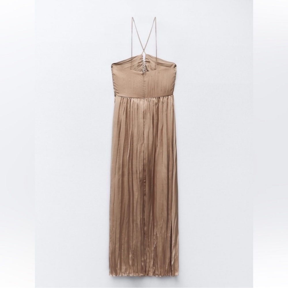 Zara Beige Satin Ruched Maxi Dress - Picture 2 of 4
